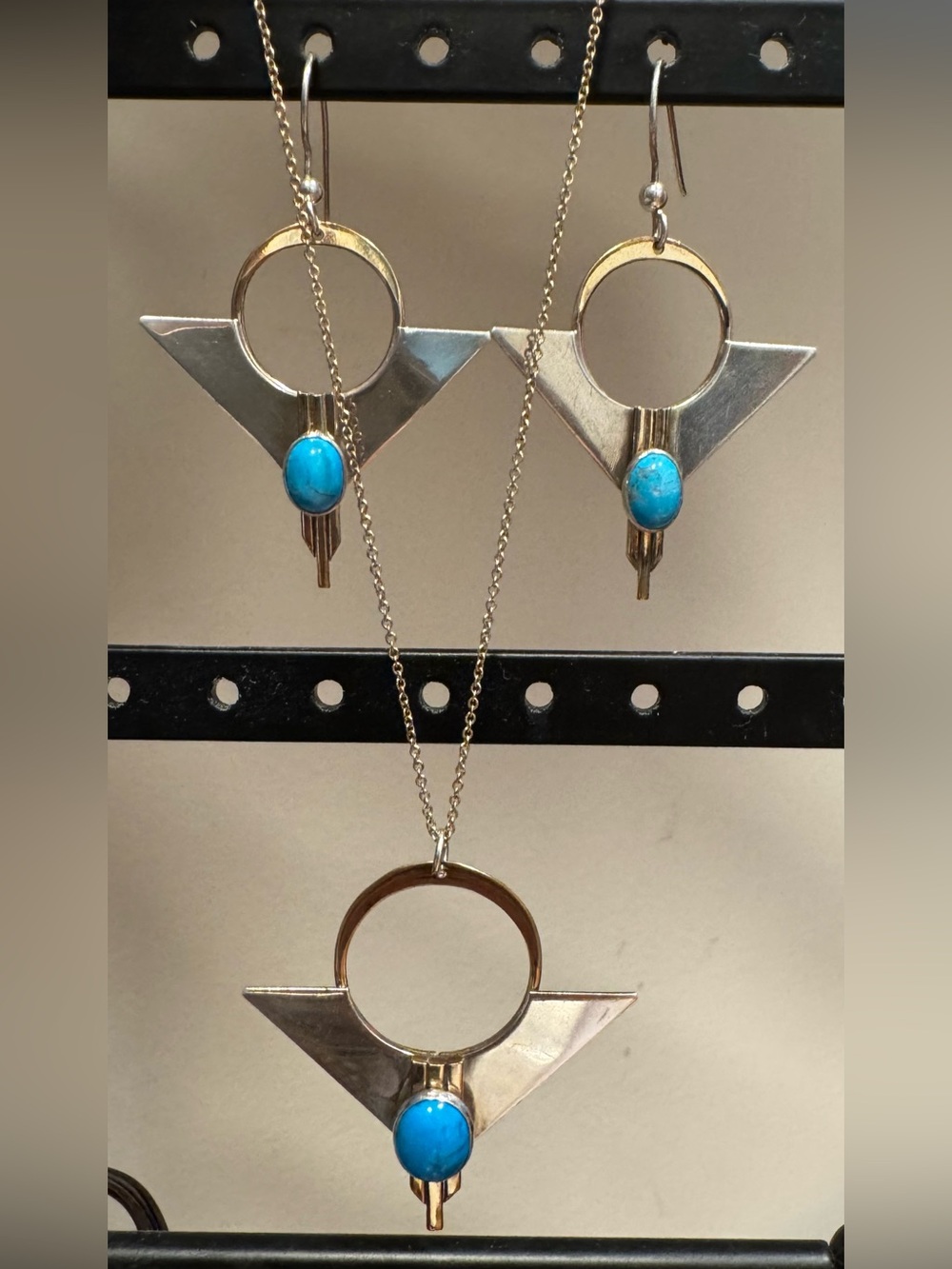 RARE Artisan 925 Sterling & Turquoise Pendant & Earring Set with 14k GF Detail